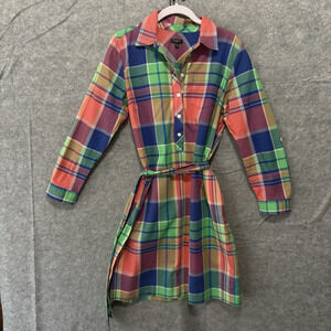 Talbots Shirt Dress Womens Sz 10P Madras Plaid Belted Roll Tab Casual Career